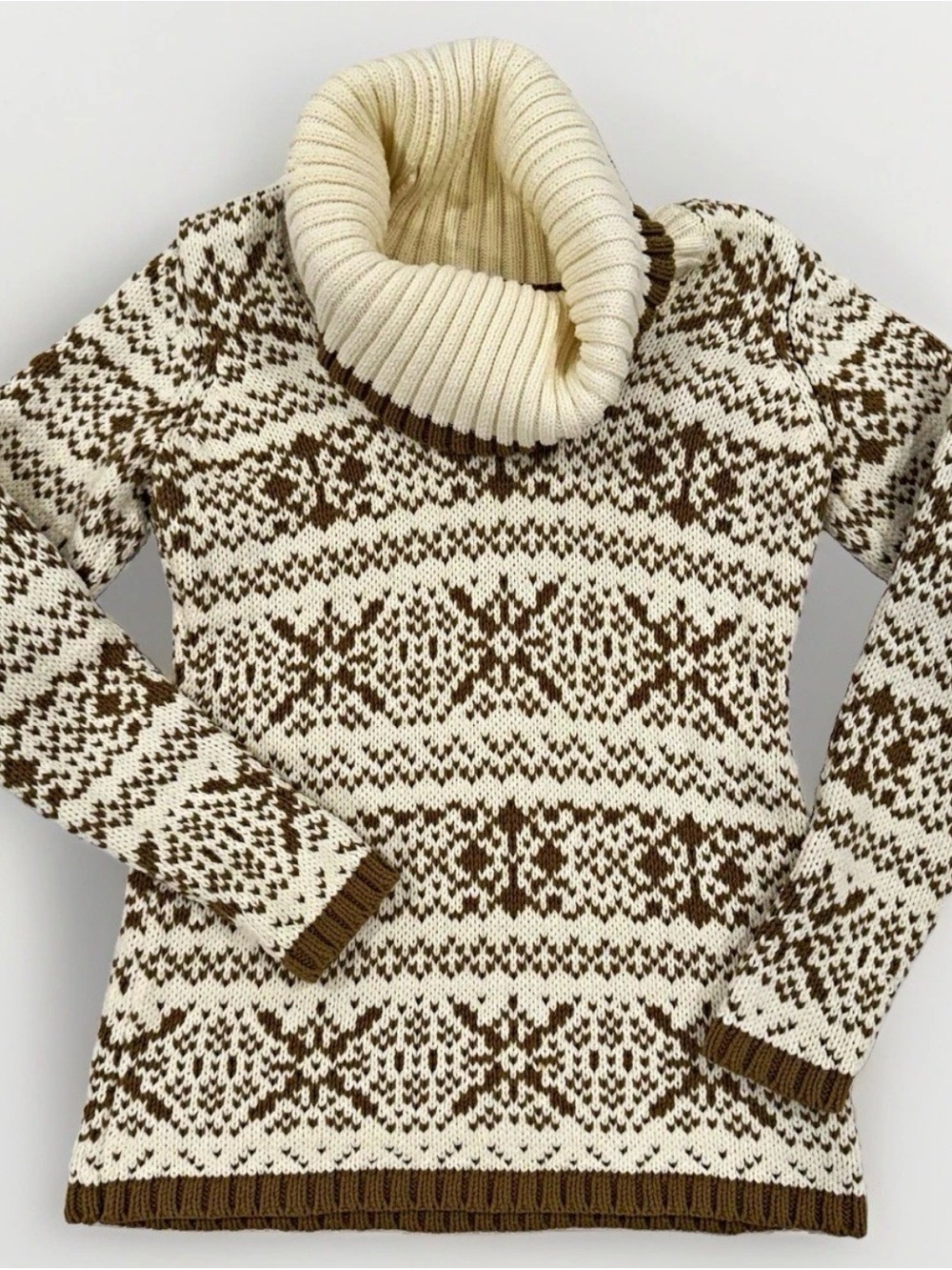 Fair Isle Cream & Brown Heavyweight Cotton Blend Cowl Neck Sweater LOFT Sz Sm/MP